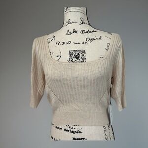 NWT RVCA Crop Top Ribbed Knit Square‎ Neck Half Sleeve Blouse Beige Size M